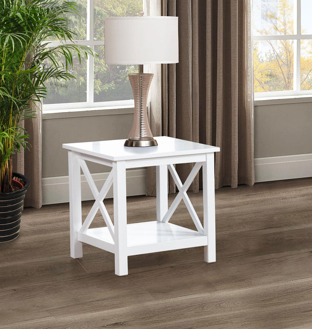 Skyview side table angled view showing X-frame base