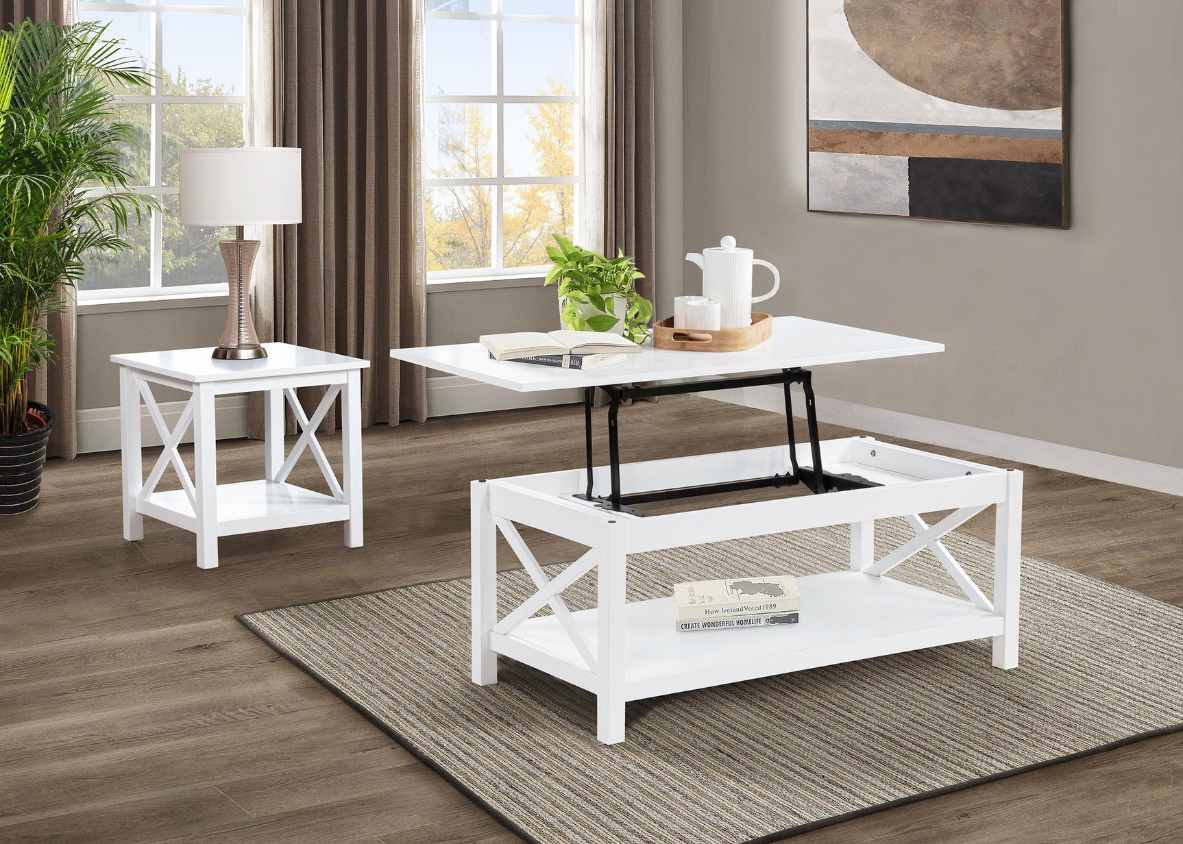 Skyview 2-piece white rectangular end table with open shelving and X-frame side