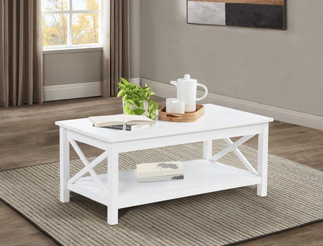 Skyview coffee table lifted to show storage compartment