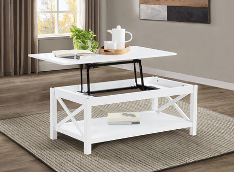Side angle of Skyview white lift-top coffee table