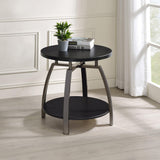 Side angle of Dacre dark grey end table with black nickel metal base