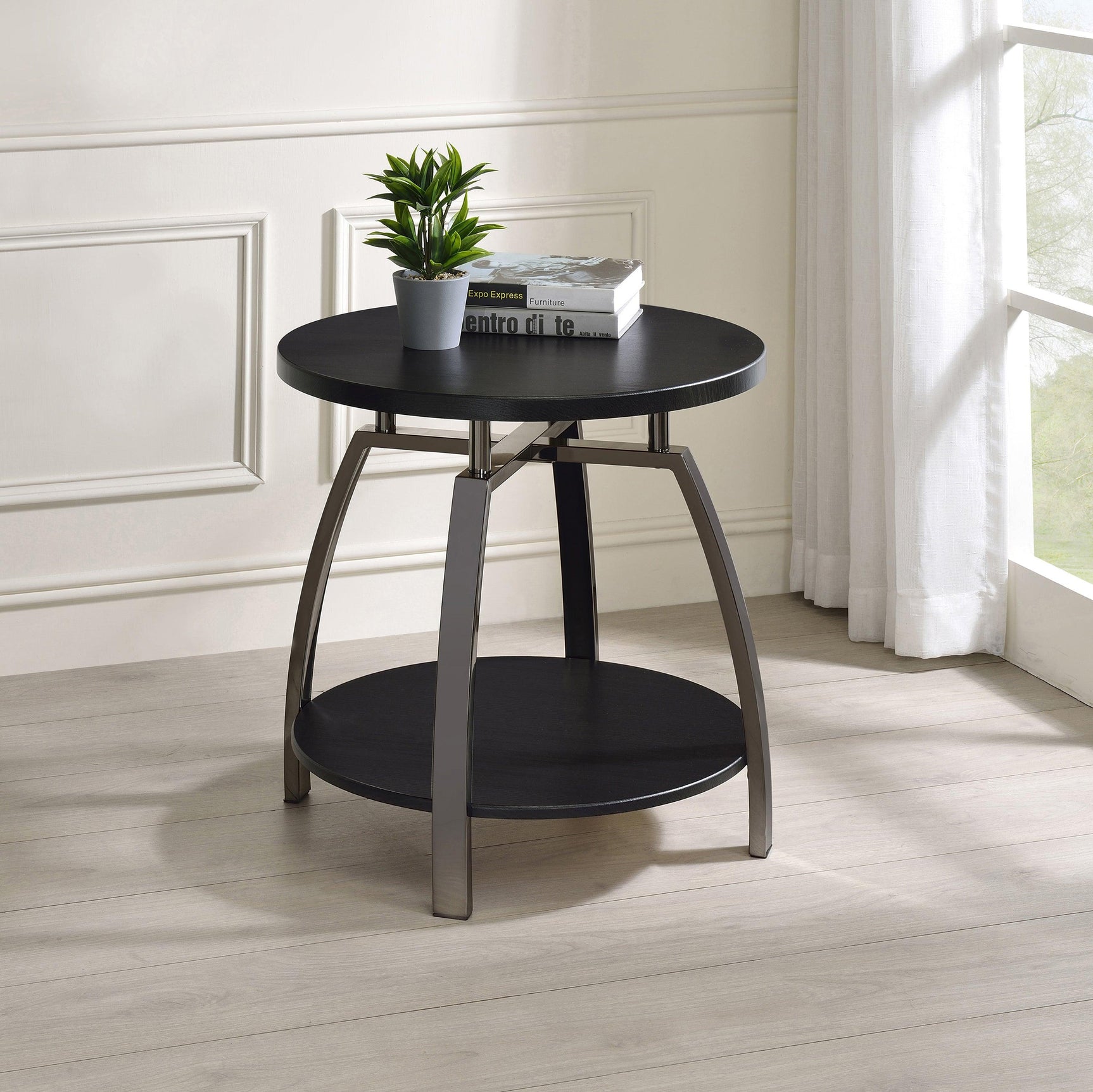 Side angle of Dacre dark grey end table with black nickel metal base