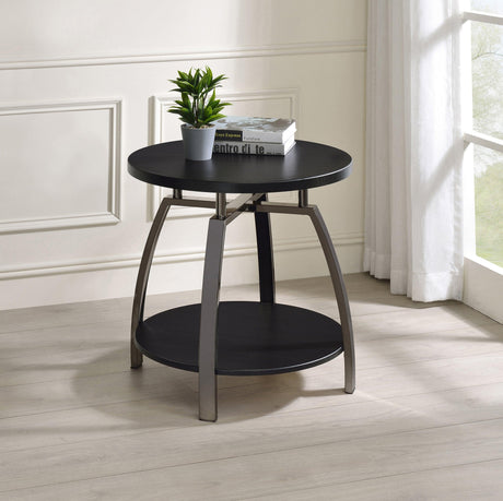 Side angle of Dacre dark grey end table with black nickel metal base