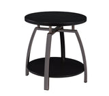 Close-up of Dacre dark grey end table metal base and shelf