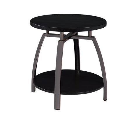 Close-up of Dacre dark grey end table metal base and shelf
