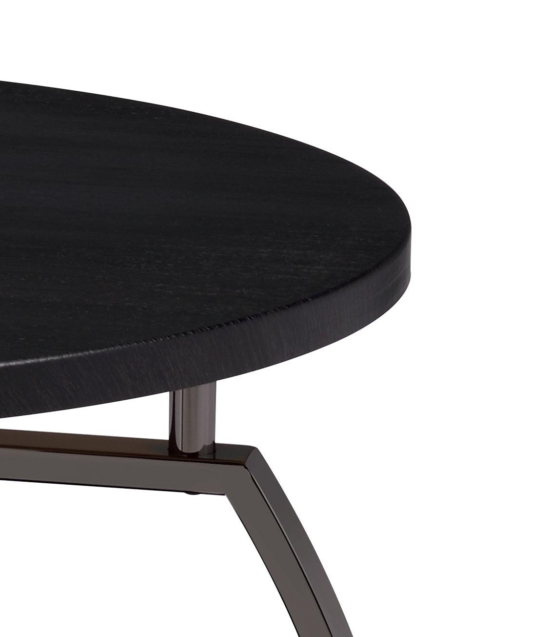 Top view of Dacre round dark grey end table with black nickel base