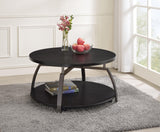 Dacre Round Coffee Table with bottom shelf, angled metal base, side angle