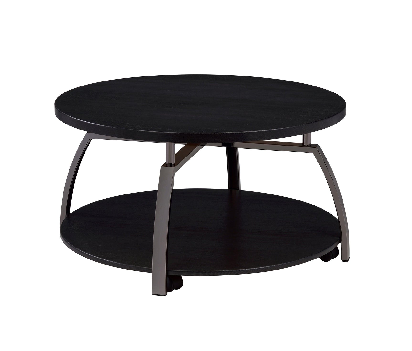 Detail of black nickel metal legs and dark grey round tabletop