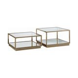 Renee 2-piece square occasional set showing mirrored shelf and rose brass frame