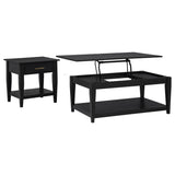 Side view of black coffee and end table set with tapered legs