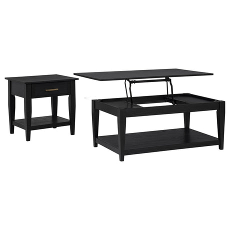 Side view of black coffee and end table set with tapered legs