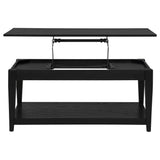 Lindenton black wood lift-top coffee table and square end table set