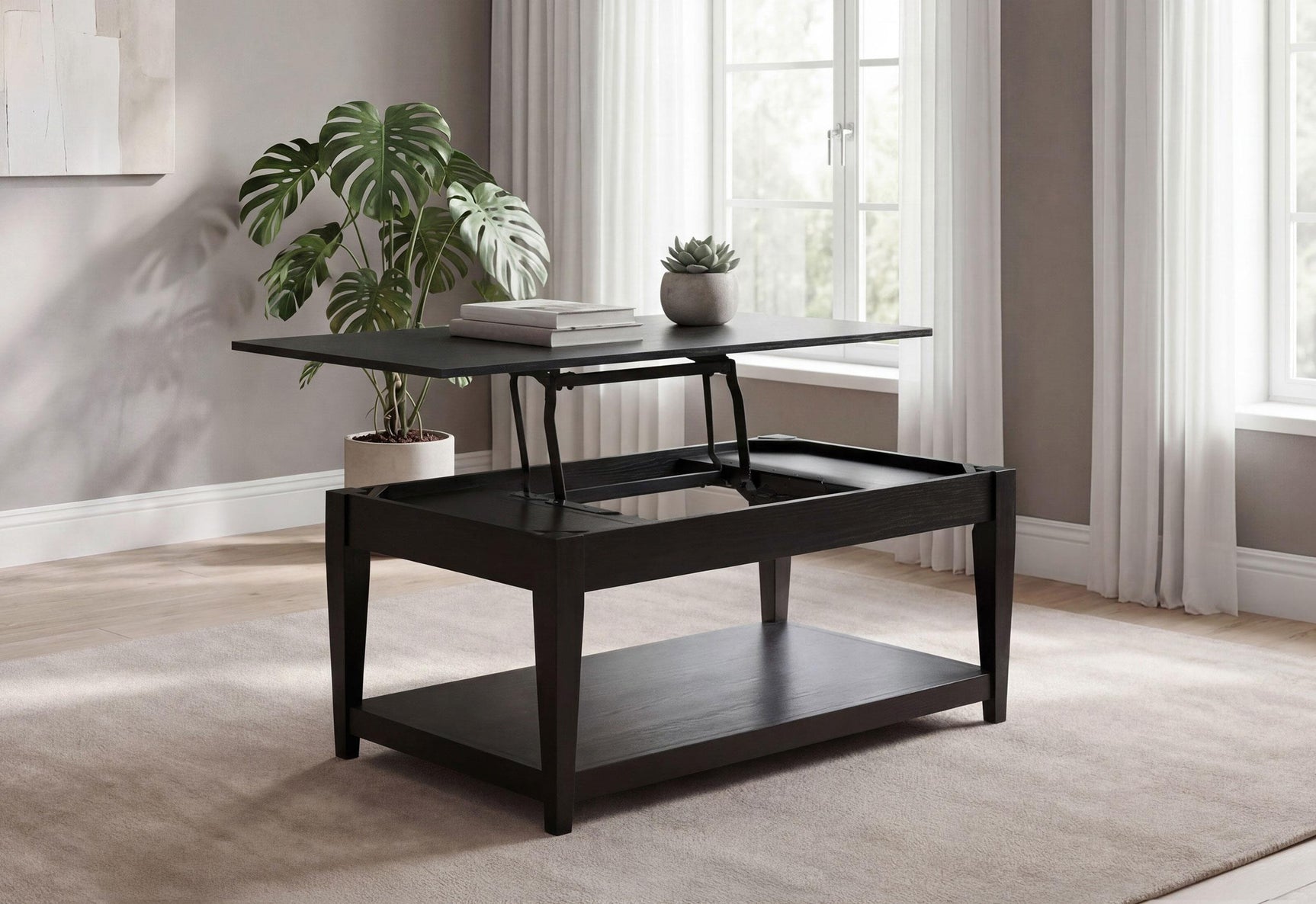 Side angle of Lindenton black coffee table with tapered legs