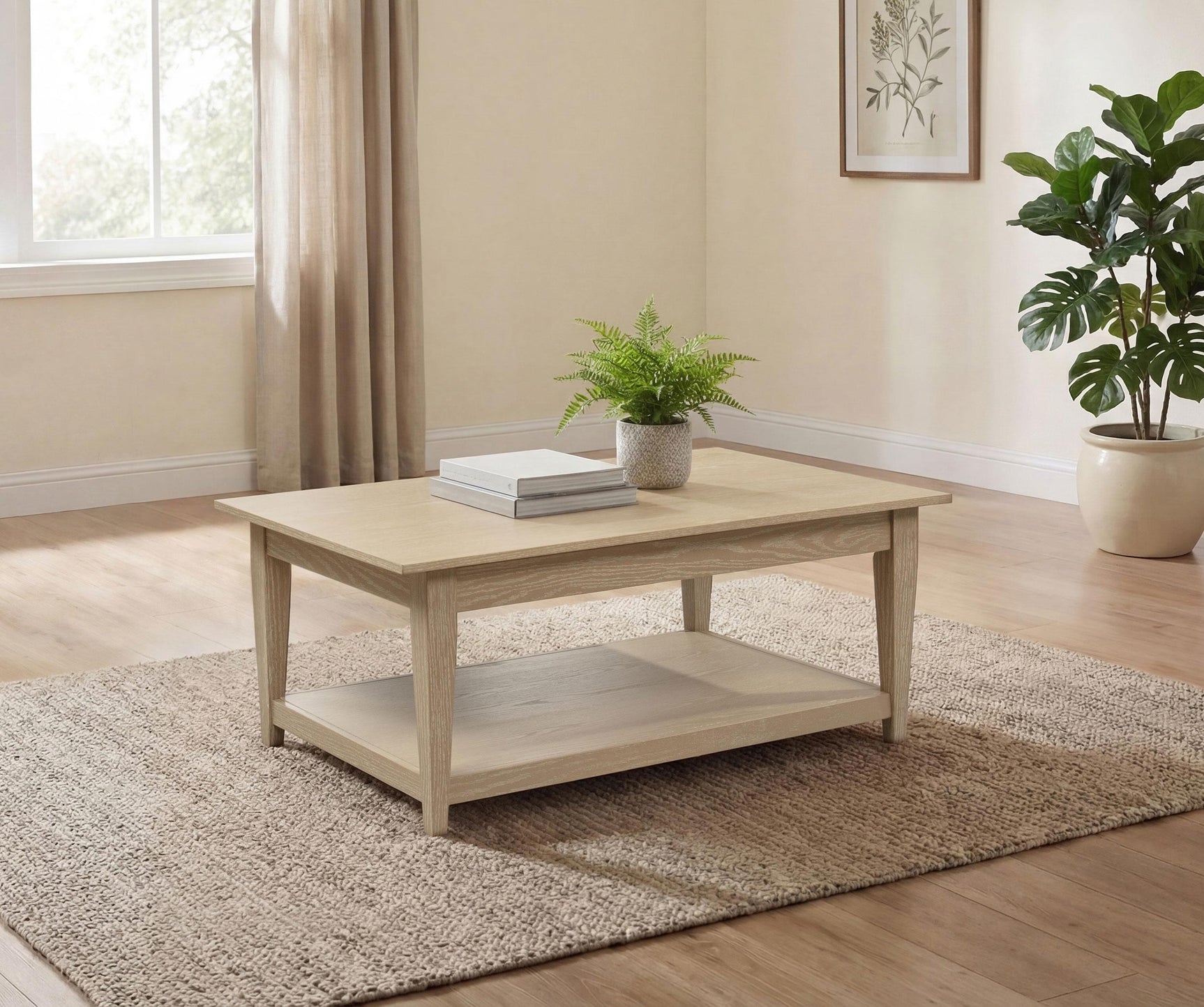 Side view of Lindenton Blonde Oak Coffee Table with tapered legs