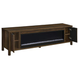 Slatted dark pine cabinet doors of Carey TV stand