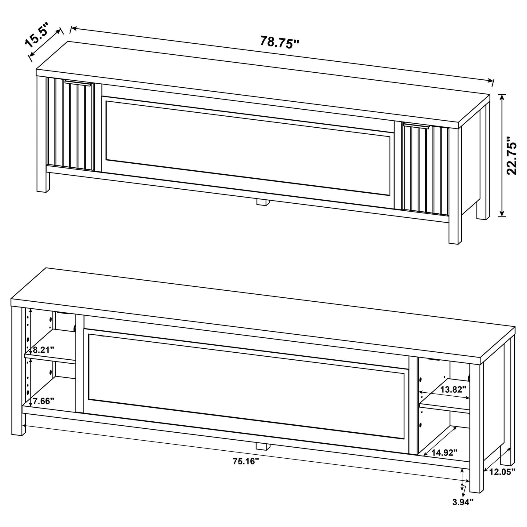 Carey 79-inch dark pine TV stand with electric fireplace frontal view