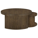 Top view of large round tabletop with walnut finish