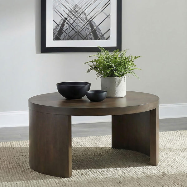 Sweeney coffee table close-up of dark walnut oak veneer top