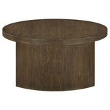 Side view of Sweeney 39-inch round wood coffee table