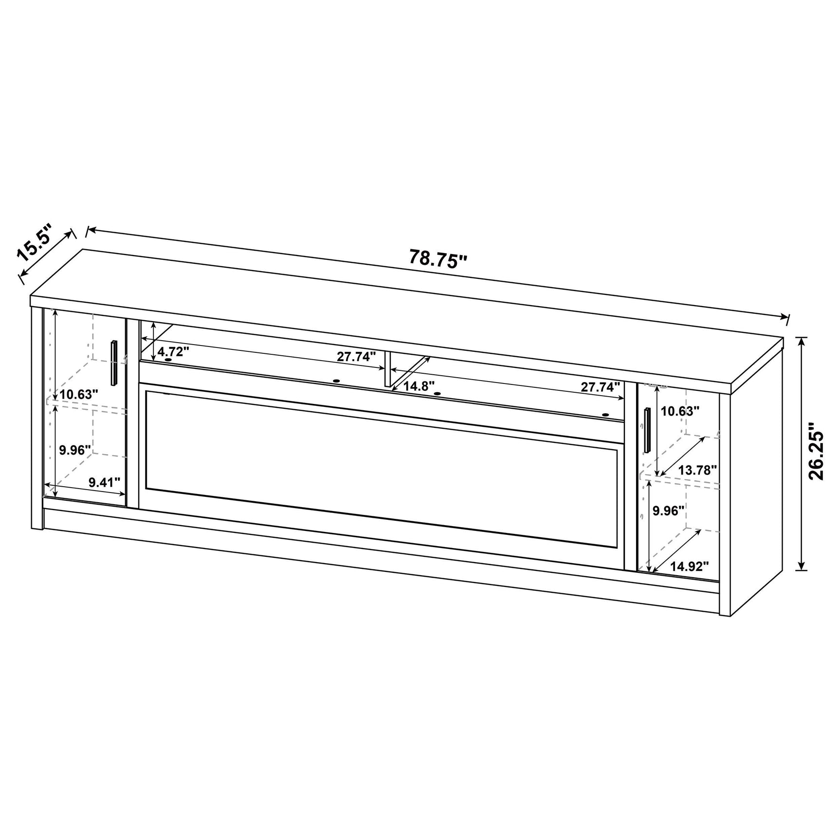 Eddy 79-inch mango TV stand with electric fireplace frontal view