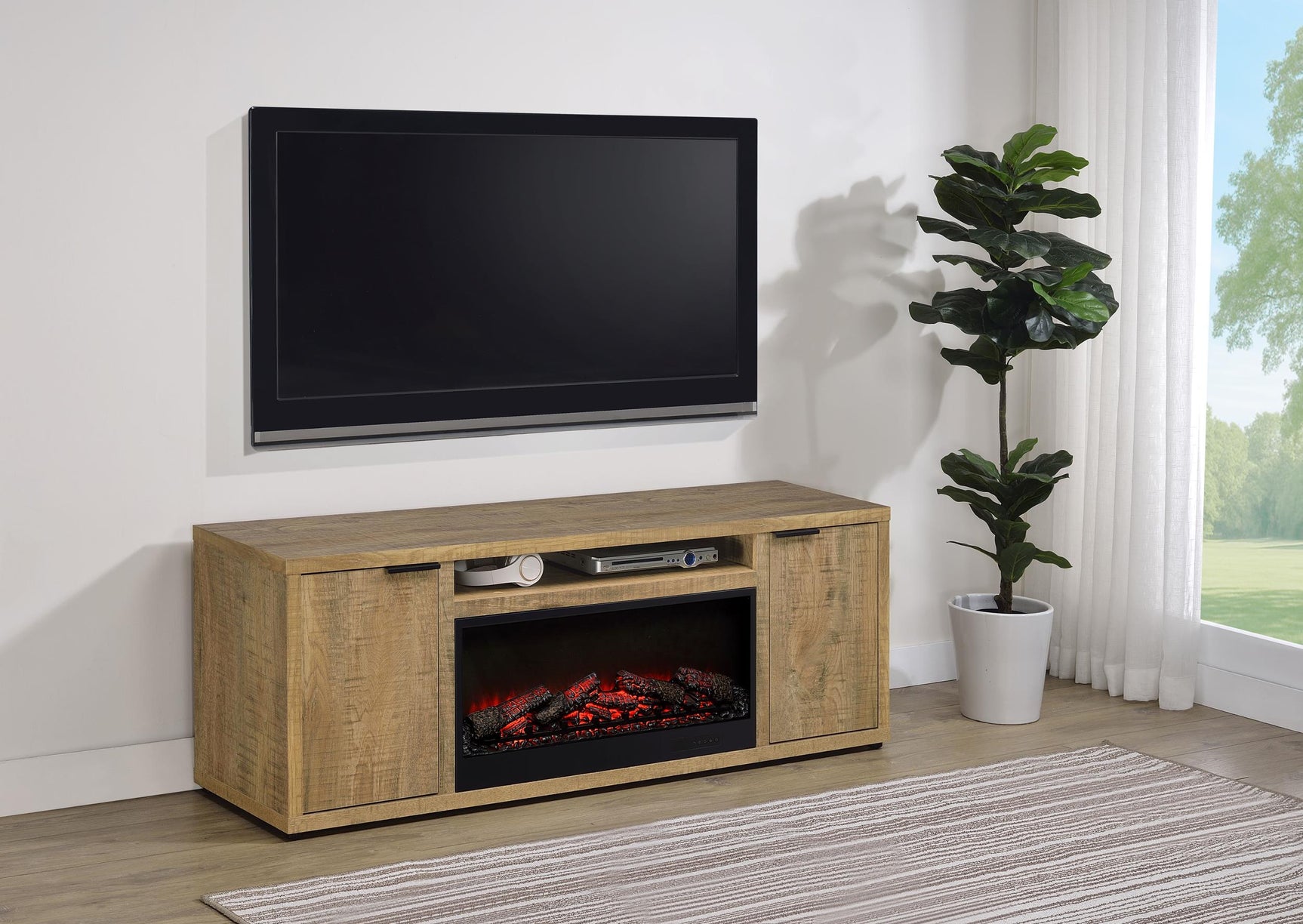 Fuller media console side angled view showing door and shelf