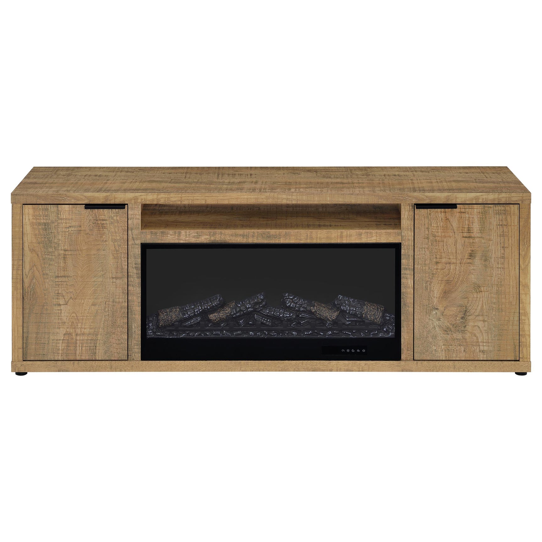 Fuller TV stand with electric fireplace and glass doors front detail