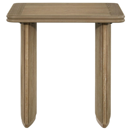 Side angle of Adina square wood side end table showing pedestal base