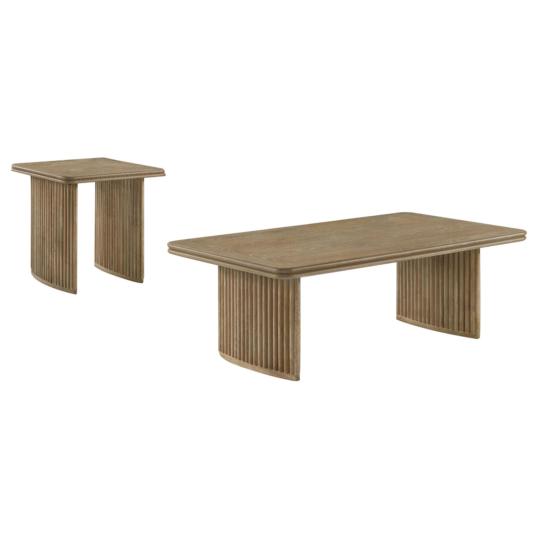 Rectangular coffee table showing oak veneer grain in distressed light brown