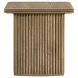 Side view of coffee table showing rounded corners and pedestal base