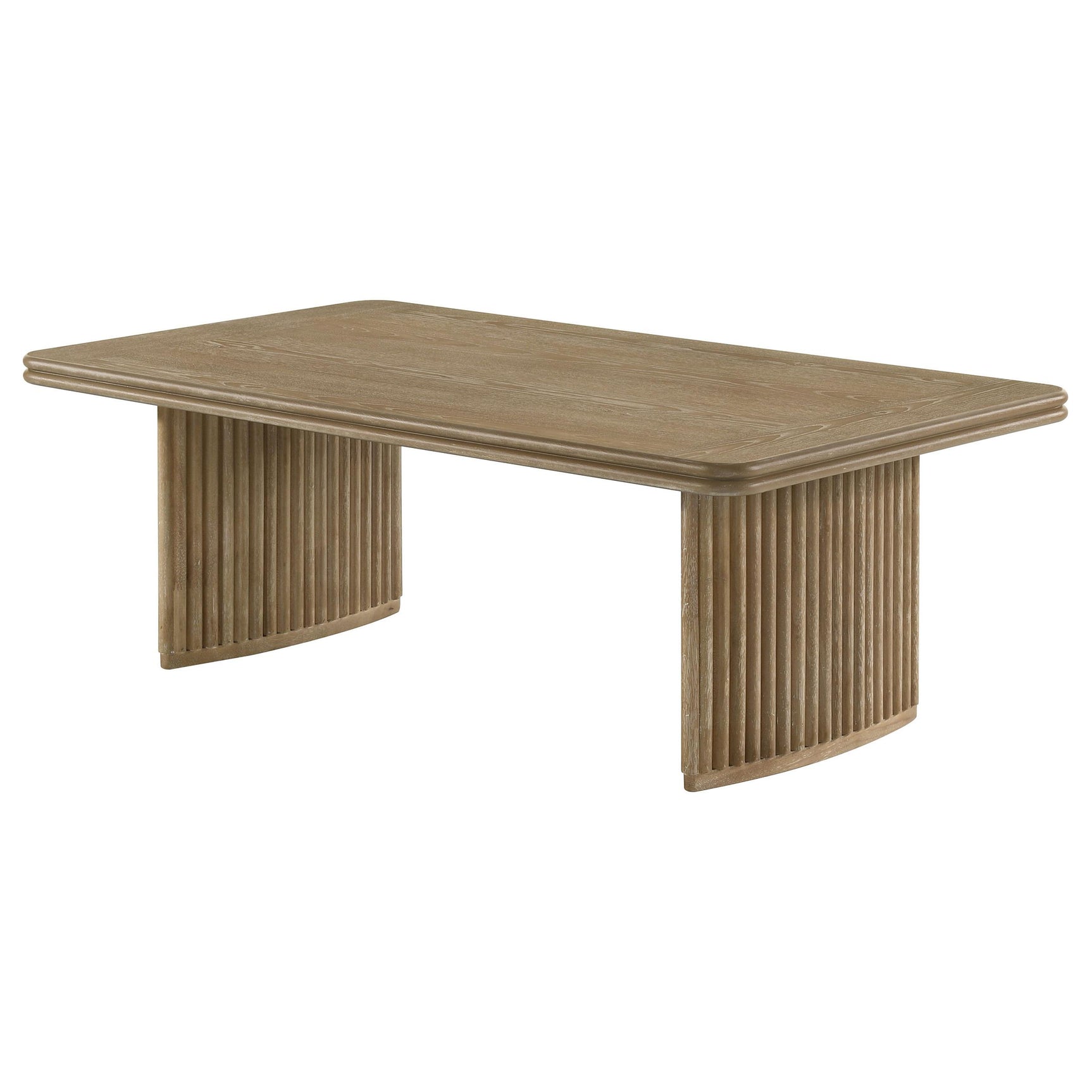 Side view of Adina distressed light brown coffee table