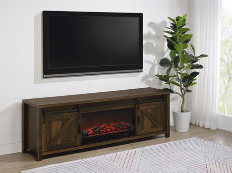 Enfield fireplace media console sliding barn doors open
