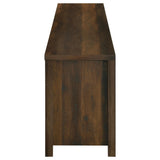 Close-up of dark pine wood finish and black metal hardware
