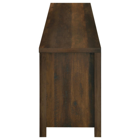 Close-up of dark pine wood finish and black metal hardware