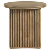 Close-up of oak veneer and distressed light brown finish