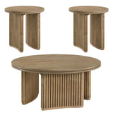 Matching Adina round end table with vertical reeding and curved pedestal base