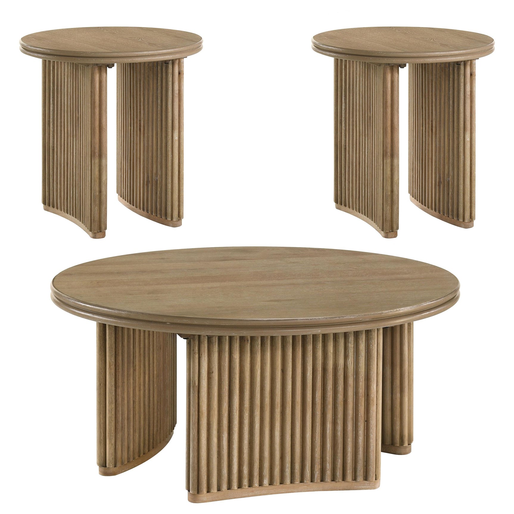 Matching Adina round end table with vertical reeding and curved pedestal base