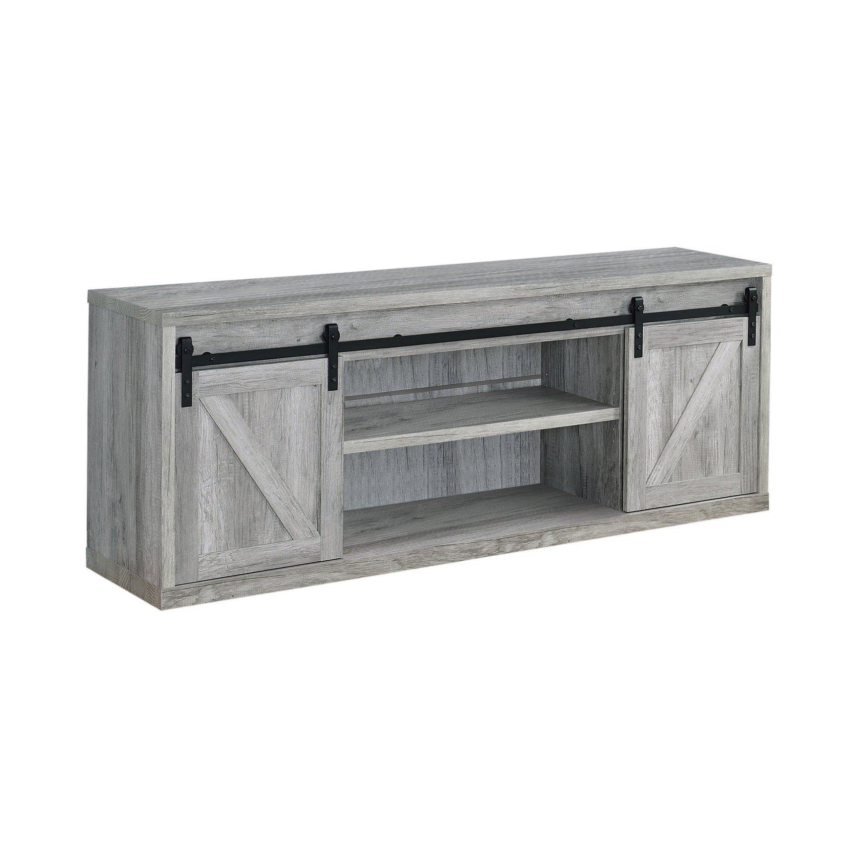 Brockton 71-inch Grey Driftwood TV Console close-up sliding doors
