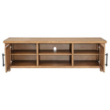 Beasley TV stand side view showing cabinet door and shelf