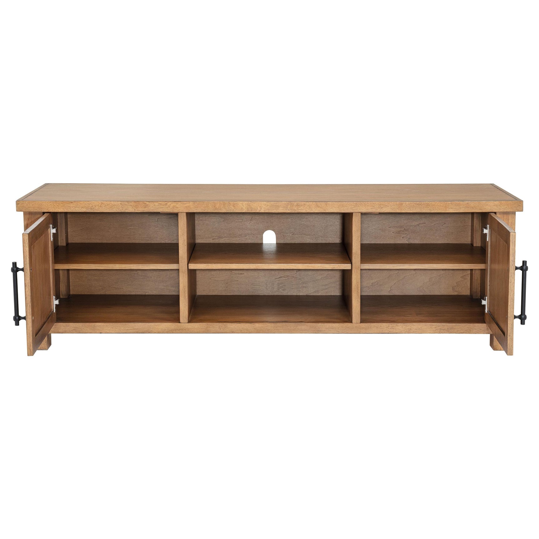 Beasley TV stand side view showing cabinet door and shelf