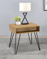 Close-up of golden oak tabletop and black metal framework