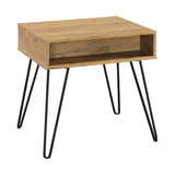 Side angle of Fanning end table highlighting open storage compartments