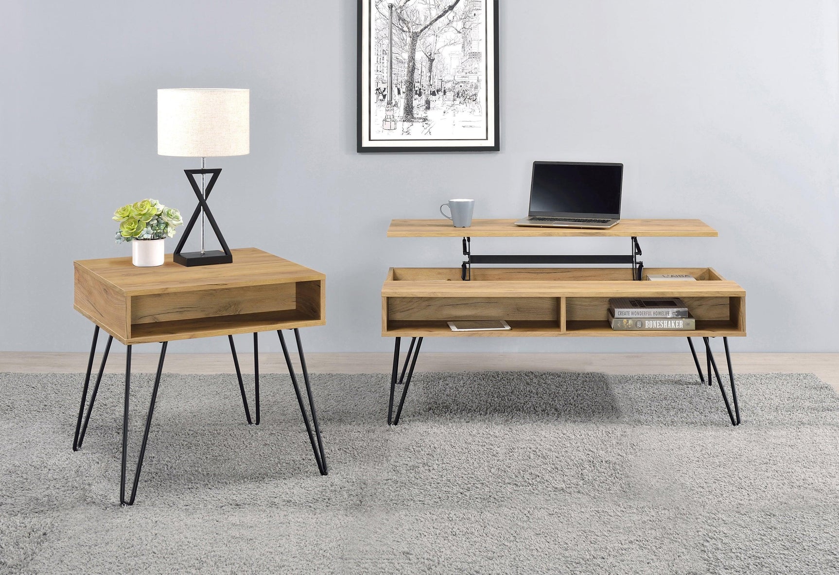 Square end table showing open compartments and black sled legs