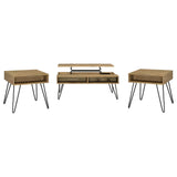 Fanning coffee table lift-top raised showing storage space