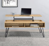 Side view of Fanning Lift Top Storage Coffee Table showing open shelving and metal sled legs