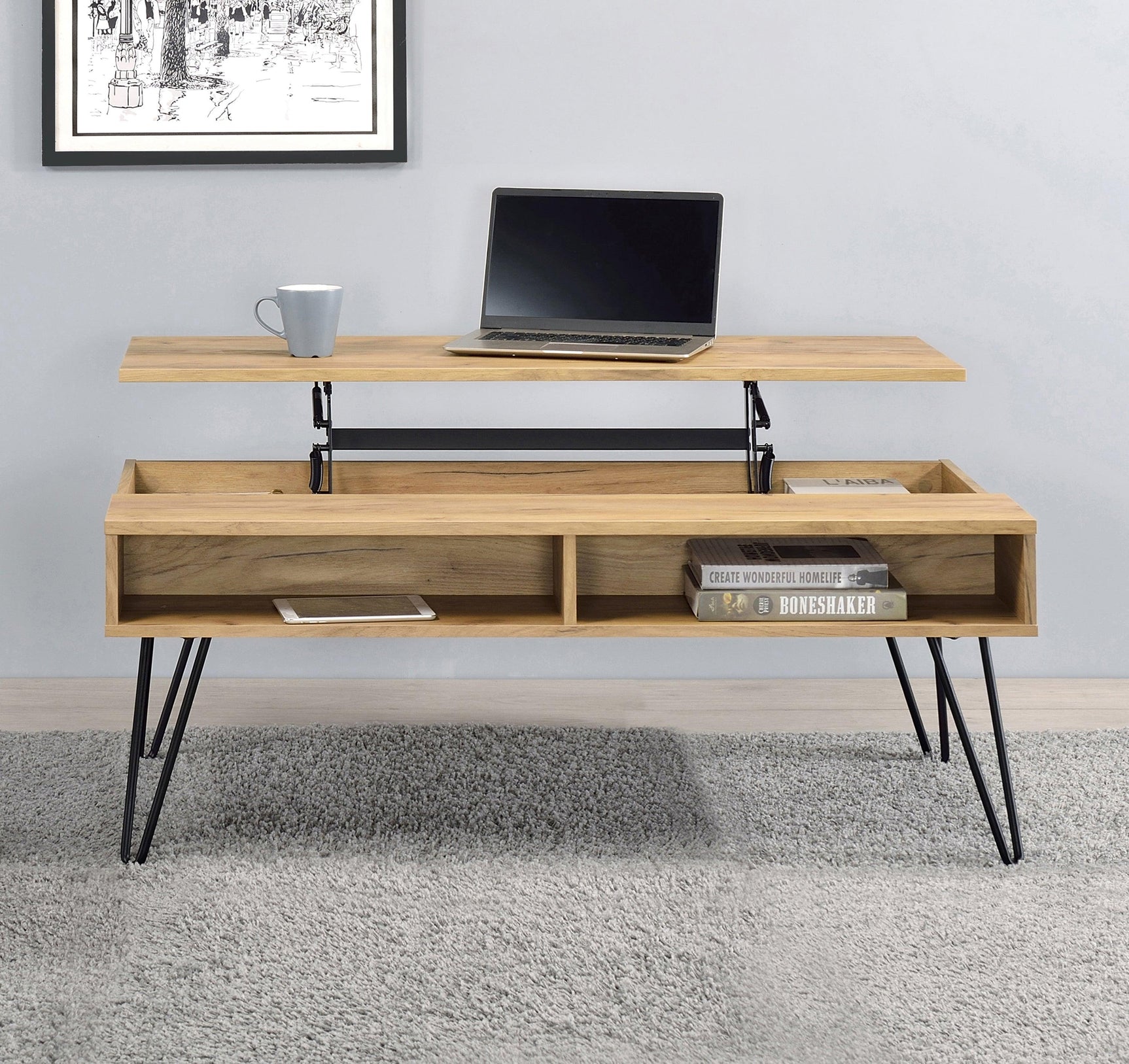 Side view of Fanning Lift Top Storage Coffee Table showing open shelving and metal sled legs