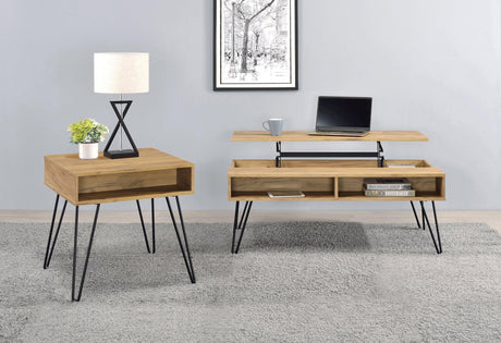 Fanning Lift Top Storage Coffee Table with lift-top partially open revealing storage compartments
