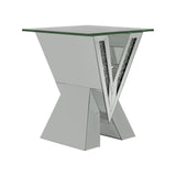 Taffeta V-shaped silver sofa table angled view highlighting mirrored accents