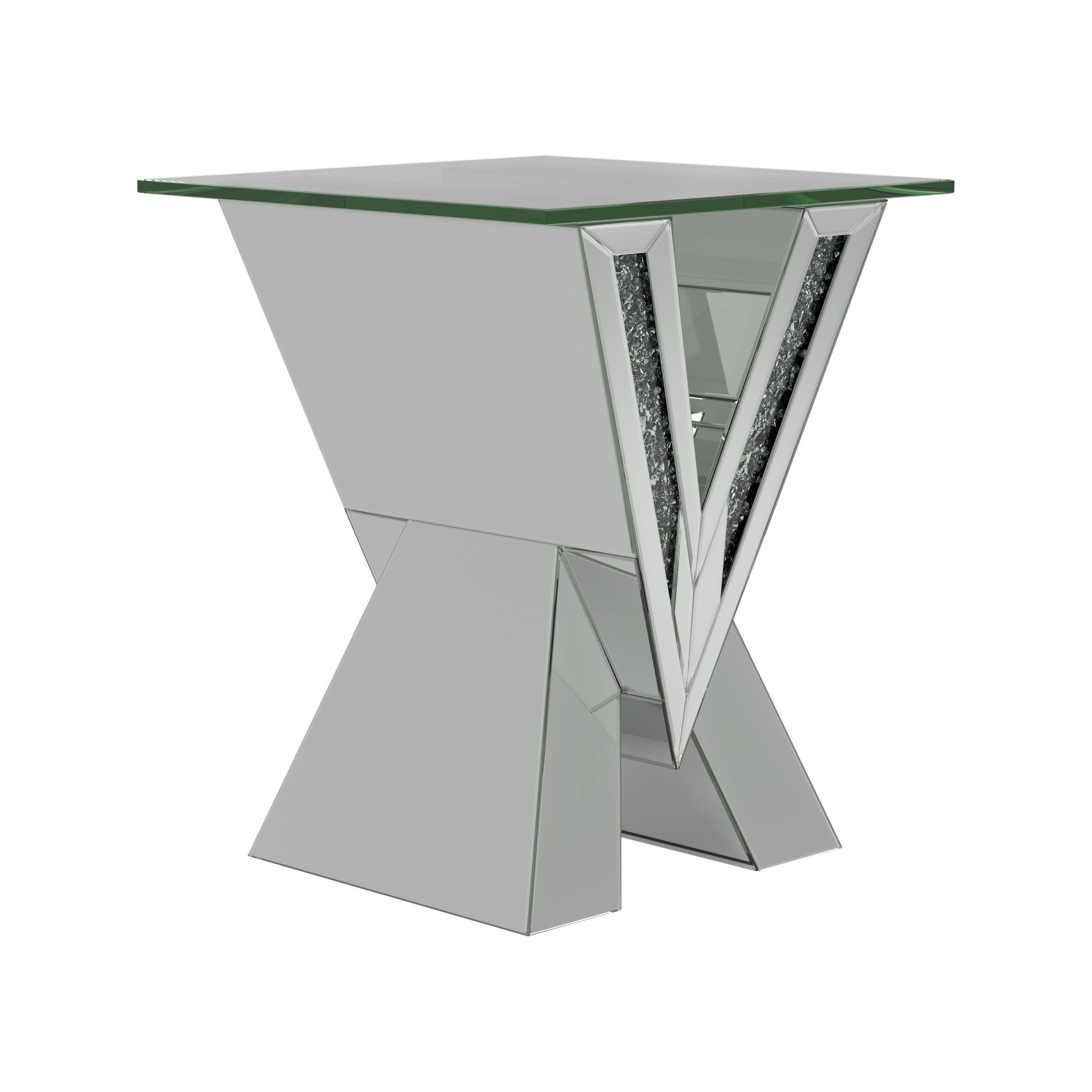 Taffeta V-shaped silver sofa table angled view highlighting mirrored accents