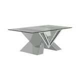 Taffeta V-shaped silver sofa table close-up of crystal details and tempered glass top
