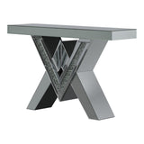Taffeta V-shaped silver sofa table side angle showing glass top